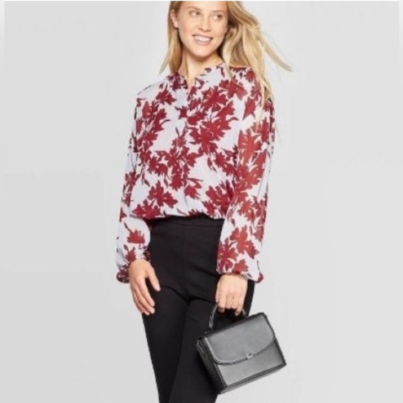 A New Day Gray Burgundy Sheer Floral Long Sleeve Band Collar Blouse Size XXI - Picture 1 of 9